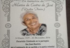 Harán misa de novenario este martes por el fallecimiento de Hilaria de Castro viuda José –Doña Tinín-