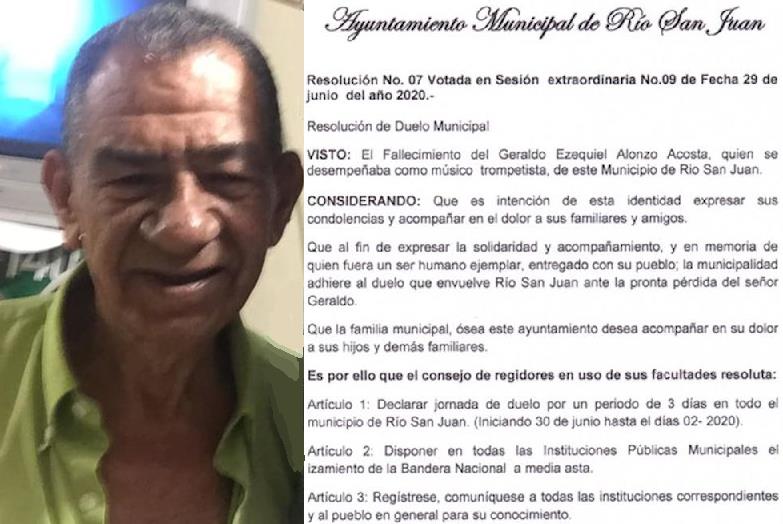 Alcaldía de Río San Juan decreta 3 días de duelo municipal por muerte del trompetista Geraldo Alonzo Acosta