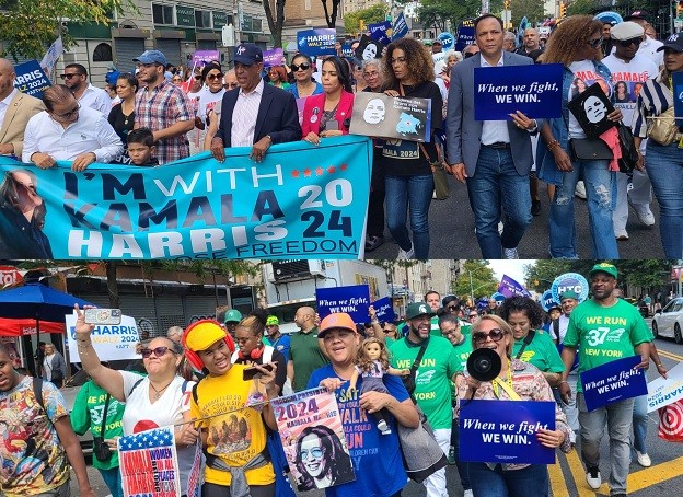 Cientos de dominicanos NYC acompañan congresista Espaillat en marcha apoyo a Kamala