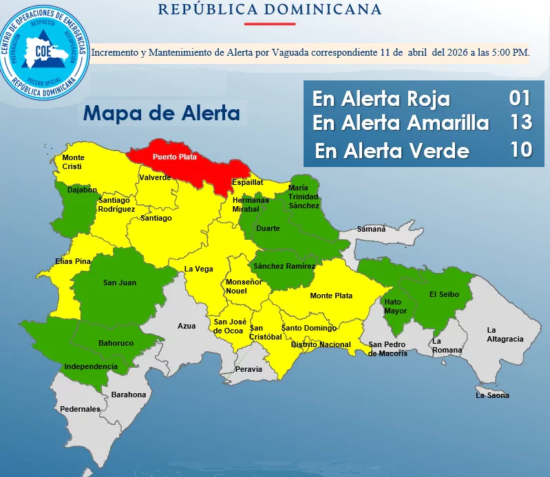 El COE pone a Puerto Plata en alerta roja y otras 23 provincias en amarilla y verde por lluvias; hay varias comunidades incomunicadas  