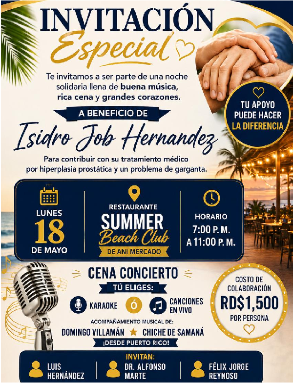 Organizan cena concierto benéfica a favor de Isidro Job Hernández este lunes 18 de mayo en Summer Bar en RSJ