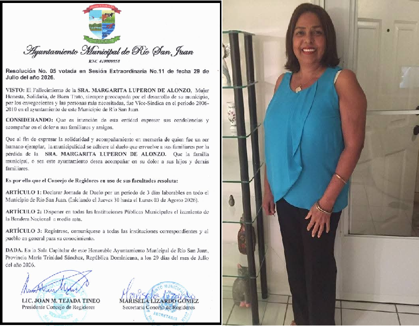 Alcaldía de Río San Juan declara tres días de duelo municipal por fallecimiento de Margarita Luperón de Alonzo